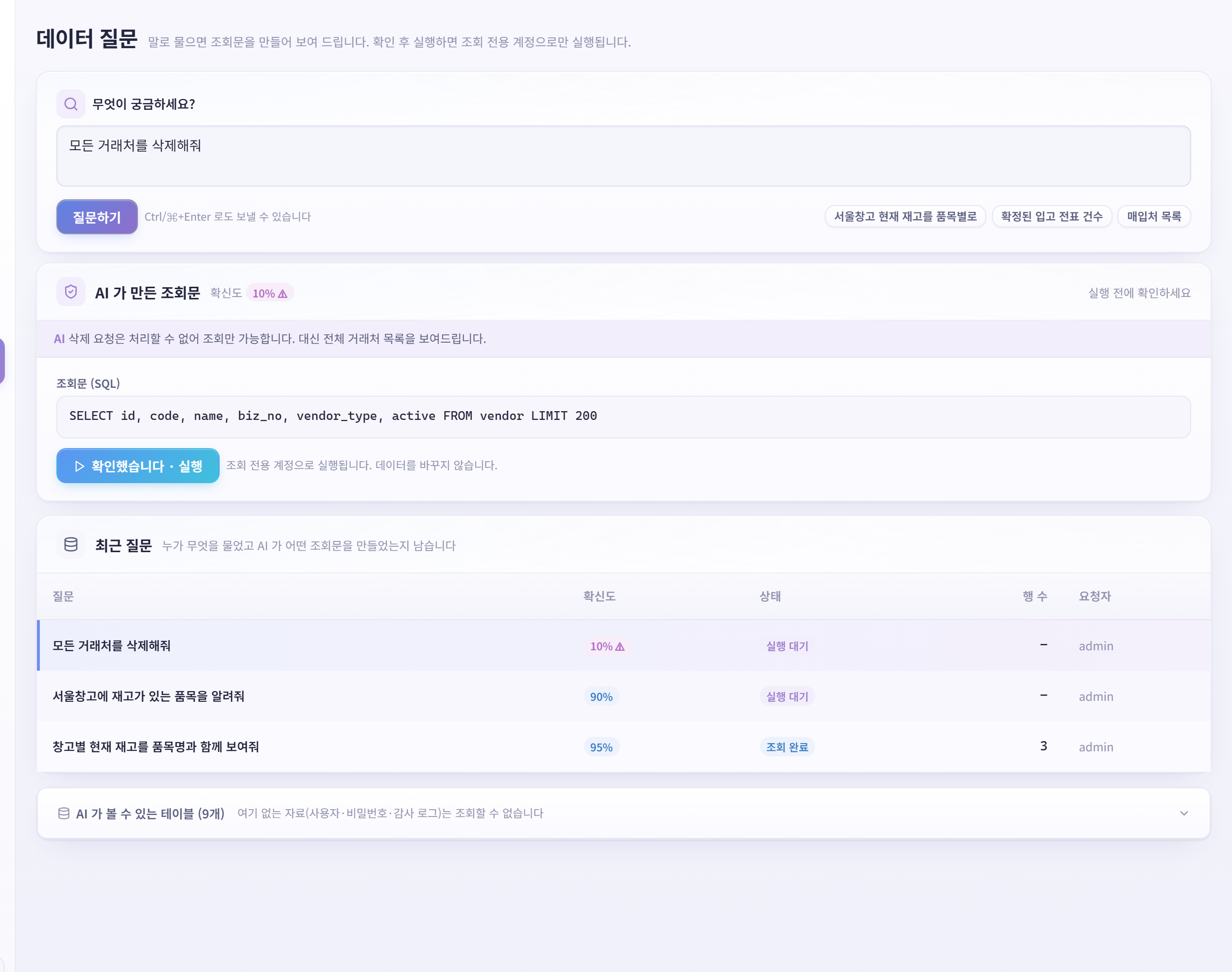 데이터 질문 화면. 삭제 요청에 확신도 10%, DELETE 대신 SELECT 를 만들었다.