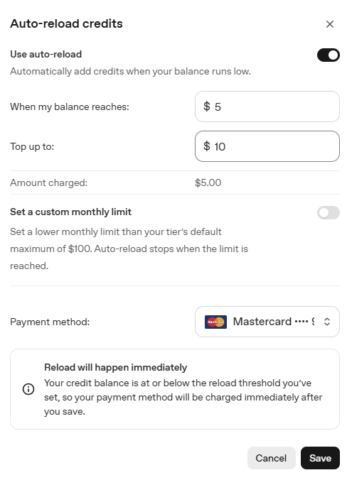 자동 충전 설정 화면. Use auto-reload 스위치가 켜져 있고 임계값 $5 · 복구 금액 $10 이 잡혀 있다. 맨 아래에 저장하는 즉시 결제된다는 안내가 떠 있다.