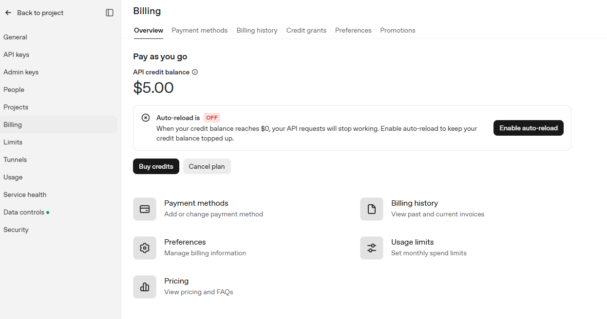 결제가 끝난 Billing 화면. 잔액 5달러, Auto-reload is OFF 라고 표시되어 있다.